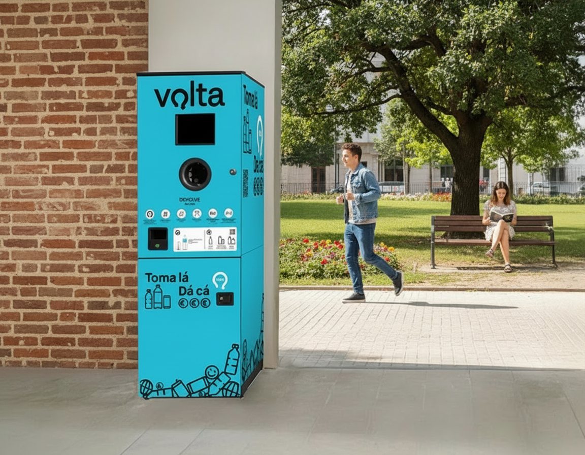 Máquina Volta de devolução de embalagens colocada junto a um edifício com um parque ao fundo