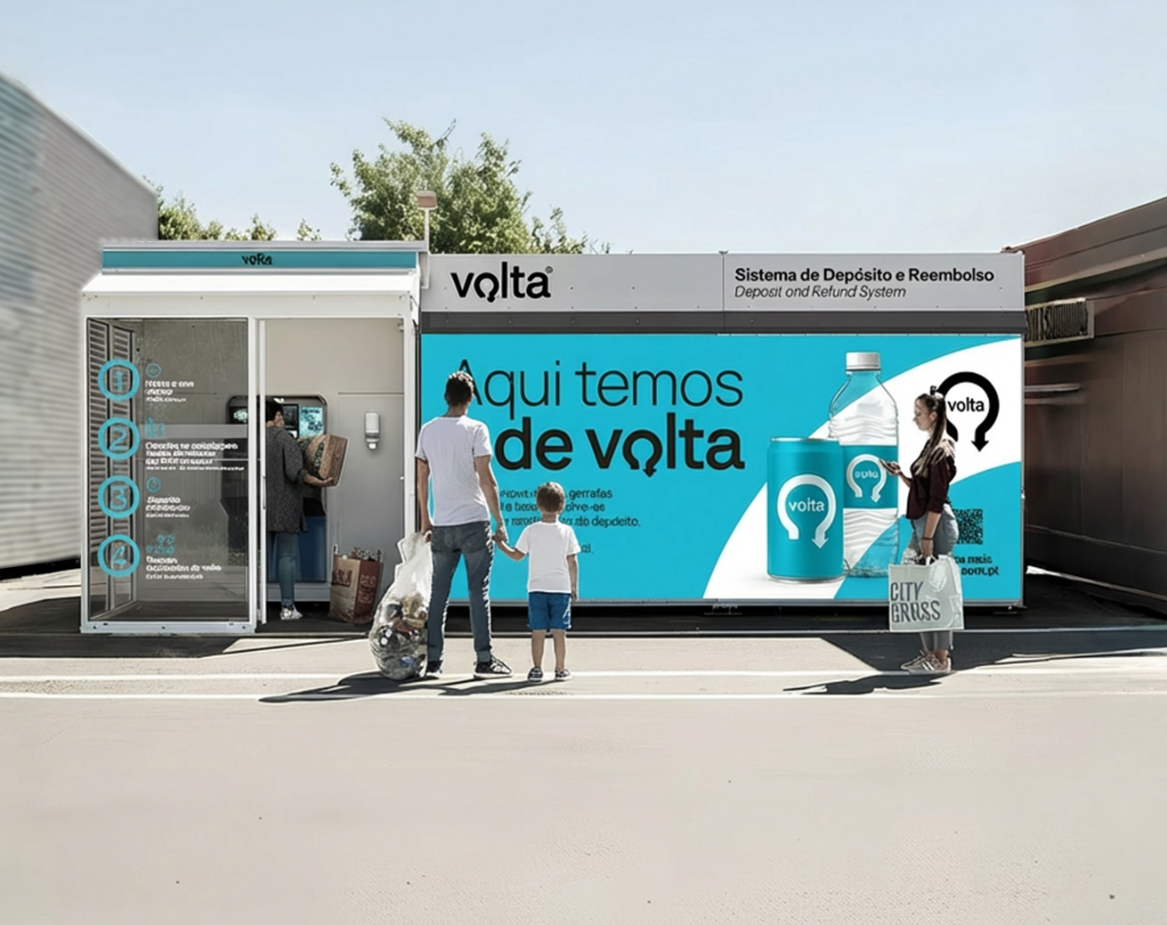 Máquina Volta de devolução de embalagens colocada junto a um edifício com um parque ao fundo